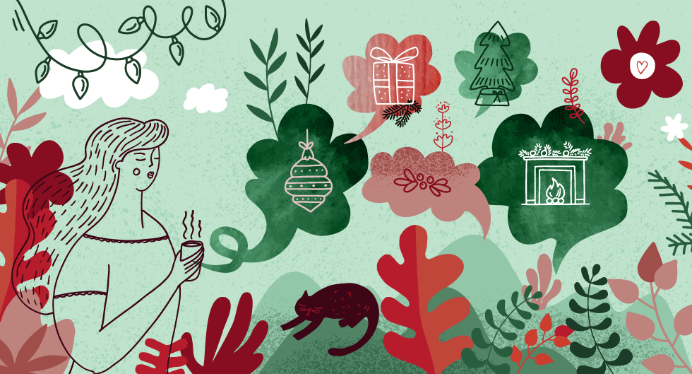 Coping during the holidays illustrated with a woman and bubbles of holiday symbols.